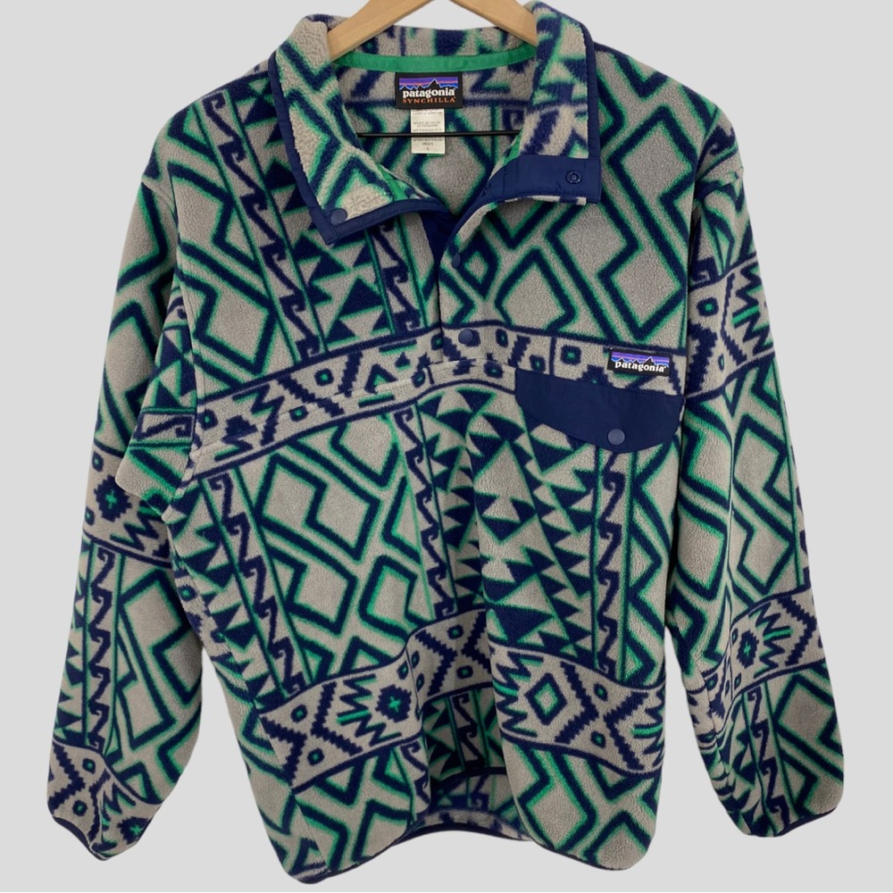 Patagonia Synchilla Snap T Fleece Grey Green Blue Mountain Siete Print Small - Picture 1 of 10